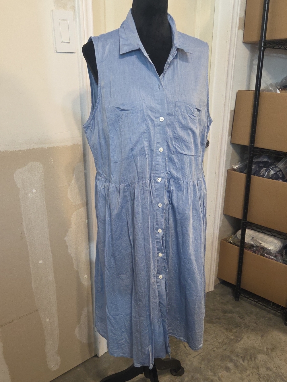 Who What Wear Sleeveless Shirt Dress Button-Down Light Blue Lagenlook Cotton